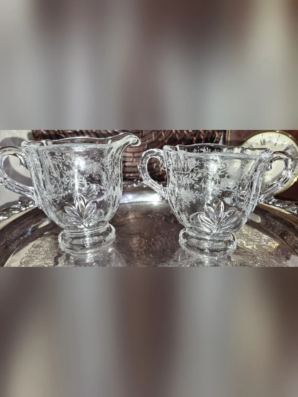 Vintage Fostoria Glass Company Crystal Creamer & Open Sugar Bowl Set